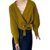 Cardigan Corto de Punto para Mujer con Cuello en V y Lazo, Chaqueta de Punto con Diseño