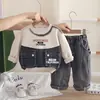 Conjunto de Ropa de Otoño para Niños 2026 Nuevo Sudadera de Mezclilla con Parches para Niños Conjunto Casual de Dos Piezas de Primavera y Otoño para Bebé