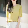 Tejido de Punto de Lino Tencel Cuello Redondo Manga Corta Mujer Primavera Verano Versátil Sensación Fresca Camiseta Textura Simple Tejido Transpirable Venta al por Mayor