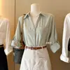 Camisa de lino con diseño de cuello en V francés para mujer 2026 verano nueva verde menta algodón y lino corte ajustado holgada manga larga