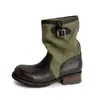 Pose de viaje con un ambiente relajado: Botas western de bloques de color con hebilla de cinturón, invierno 2026, botines de tacón medio grueso de piel auténtica para mujer
