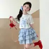 Conjunto de Camiseta de Manga Curta com Estampa de Cachorro Cartoon e Xadrez Doce para Meninas Estilo 2026 Conjunto de Saia Bolo Franzida para Crianças Camiseta Tendência