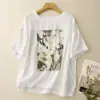 Camiseta Redonda Estampada de Algodão e Linho para Mulheres, Blusa Pulôver Solta e Emagrecedora de Manga Curta, Camiseta Casual e Versátil, Novo Estilo de Verão 2026
