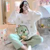 Pijama mujer primavera y otoño estilo coreano holgado de manga larga pantalón cuello redondo dulce lindo caricatura traje de dos piezas ropa de casa