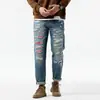 Calça jeans masculina lavada com aspecto desgastado e rasgada, estilo high street europeu e americano, para primavera e outono, reta, solta, calça comprida