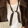 Colar Cachecol de Seda com Contas de Girassol Cáqui Retrô Design Único Feminino Acessórios de Corrente para Suéter Ajustável