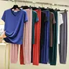 Conjunto de calça e blusa de modal com decote em V e manga curta de cintura alta, novo modelo de verão, estilo coreano, conjunto solto simples para ficar em casa, duas peças