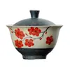 Dinastías Tang y Song Glaseado de Caramelo Flor de Ciruelo Azul y Roja Pintada a Mano Estilo Antiguo Cerámica para el Hogar Gaiwan Juego de Té Kung Fu Taza de Té del Erudito