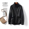 Chaqueta de Cuero de Estilo Regular para Mujer con Cuello Alto, Chaqueta de Cuero Negra Holgada Estilo Coreano, Nuevo Abrigo de Cuero Otoño e Invierno