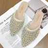 Pantuflas de Malla con Cristales para Uso en Exteriores, Punta Fina, Punta Cerrada, Zapatos de Mujer Estilo Coreano, Antideslizantes, Resistentes al Desgaste, Nueva Moda Versátil Primavera/Verano 2026