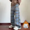 Pantalones de Lana a Cuadros de Pierna Recta con Forro Polar de Cintura Alta Caída Suelta de Largo Hasta el Suelo Tendencia Retro Pantalones de Pierna Ancha