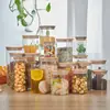 Frasco de Vidrio de Borosilicato Sellado de Alta Venta Transfronteriza Botella de Almacenamiento Frasco de Almacenamiento de Dulces Redondo Recto Tapa de Bambú Frasco para Té