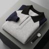 Suéter Masculino 100% Lã com Meio Zíper, Manga Raglan Contrastante, Gola Lapela, Tricô de Manga Comprida, Camisa Polo de Tricô para Usar por Baixo
