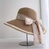 Sombrero de Paja de Ala Ancha con Bloques de Color Moda Protección Solar para Mujer Verano Casual Versátil Temperamento Sombrero de Pescador Vacaciones en la Costa Sombrero de Playa de Moda