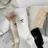 Meias Longas de Algodão Cinza Estilo Ballet com Laço Bordado para Mulheres, Meias Slouch Finas de Verão Coreanas para Mulheres