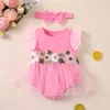 Enterizo tipo Vestido de Malla para Bebé Niña con Flores Lindas, Mangas Volantes y Juego de Accesorios para el Cabello, Enterizo de Manga Volante sin Costuras Clase A