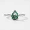 Amazon Transfronterizo Nuevo Producto Anillo de Ágata de Hierba Acuática Natural Forma de Gota de Agua Anillo con Incrustaciones de Piedra de Musgo Verde Plata S925 Estilo Simple