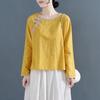 Sudeste Asiático Transfronterizo Primavera y Verano Talla Grande Suelto Elegante Casual Literario Retro Algodón y Lino Cuello Redondo Manga Larga Top de Color Puro