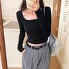 Camiseta de manga corta con cuello cuadrado de color liso con hilo de tiro real para mujer, top adelgazante versátil de principios de otoño 2023