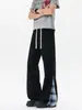 Pantalones casuales de cuadros patchwork estilo retro americano para hombre, corte holgado, pierna recta ligeramente acampanada, pants deportivos, longitud extendida para personas altas