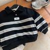 Polo Infantil de Algodão de Manga Longa Estilo Coreano Primavera & Outono 2025 Novo Listrado Preto e Branco com Recortes Meninos Médios e Grandes Tops Infantis