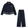 Conjunto de mezclilla estilo coreano para niñas, nueva colección otoño 2026, con una camisa de retazos a cuadros y pantalones de pierna ancha