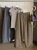 Calça larga cor marrom melardo para mulheres, outono, cintura alta com fivela de metal, cintura elástica, perna reta retrô, emagrecimento, calça longa casual