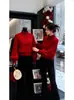 Otoño/Invierno 2026 Año Nuevo Rojo Nuevo Estilo Chino Cuello Alto Abotonado Suéter de Mujer Manga de Linterna Tejido