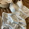 Pijama camisola sexy estilo francés con copas para mujer, conjunto de ropa de casa de verano con ribete de encaje, top sin mangas y shorts