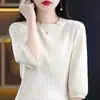 Top de tricô canelado com gola redonda em algodão puro, novo estilo outono, moda coreana, blusa básica estilosa, de manga curta, soltinha, cor sólida para mulheres