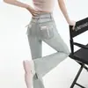 Calça Jeans Wide Leg Rosa com Laço para Mulheres, Moda Outono, Design de Nicho, Estilo Chinês, Cintura Alta, Elástica, Calça Longa Petite