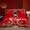 Set de Boda de Algodón con Bordado de Dragón y Fénix Juego de Varias Piezas Habitación de Boda Set de Cuatro Piezas de Algodón de Fibra Larga Ropa de Cama Festiva Roja para Boda