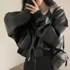 Chic Coreano con Capucha Falso Dos Piezas Chaqueta Corta de Cuero Ropa Exterior para Mujer Holgada Casual Top Moderno 18308
