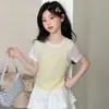 Conjunto de Verano para Niñas Dulce Nuevo Estilo 2026 para Niños Mayores, Camiseta Falsa de Dos Piezas con Adorno de Encaje, Falda Corta, Conjunto de Dos Piezas con Falda de Pastel