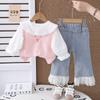 Camisa de encaje para niñas de primavera y otoño, Suéter de manga larga con forma de corazón y diamantes, Conjunto elegante de tres piezas para niños