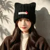 Gorro de lana grueso estilo coreano con orejas de gato para mujer con circunferencia de cabeza grande, gorro de punto cálido y afelpado para clima frío