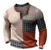 Camiseta Masculina Nova de Manga Longa para Comércio Exterior Europeu e Americano com Estampa 3D, Color-Blocking, Moda Casual, Gola com Botões Frontais de 3 Botões