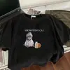Camiseta de Manga Corta con Estampado de Gato Estilo High Street Americano para Mujer Verano Lavada y Desgastada Holgada Perezosa Versátil Moda Top