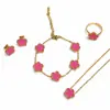 Conjunto completo de acessórios de trevo de cinco folhas mais vendido internacionalmente, conjunto de colar, brincos, anel e pulseira de aço titânio com madrepérola de luxo leve, fornecimento