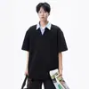 Camisa Falsa de Duas Peças Estilo Americano com Gola, Manga Curta Marca Moderna Masculina Camiseta Solta Costurada, Top Polo Pesado de Meia-Manga Primavera/Verão