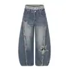 Pantalones vaqueros de tiro doble con borde crudo y corte curvo para hombre, marca de moda, con bordado de aplique de estrella de cinco puntas, pantalones de pierna ancha lavados y desgastados