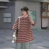Exclusivo de Fornecimento Transfronteiriço Lyocell Listrado Manga Curta Masculino Verão Toque Fresco Color Block Adolescente Solto Casual Camiseta de Meia Manga