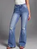Calça Jeans Flare NY1025 de Cintura Alta Azul Rasgada com Barra Desfiada para Mulheres, Esticável, Lavada, Desgastada, Emagrecedora, Comprimento Total