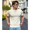 Camiseta de Punto de Manga Corta para Hombre, Seda de Hielo, Cuello en V de Verano, Cuello Henley, Textura de Cuadros, Estilo Old Money, Ropa Interior, Venta al por Mayor de Fábrica Transfronteriza