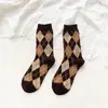 Meias Lingge Meias de Comprimento Médio para Crianças Meias de Lã Outono e Inverno Estilo Academia Britânica Meias Femininas Meias Xadrez Vintage