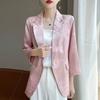 Chaqueta de Jacquard con Cuello en V Chaqueta Profesional para 25 Años Primavera y Otoño Nueva Chaqueta de Traje Rosa de Siete Mangas para Mujer