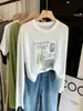 Camiseta de Algodão Branca com Estampa de Flocos de Neve Dongdaemun Coreana para Mulheres, Verão Fina Transparente Fresca Solta Cobertura de Proteção Solar