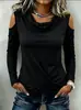 2026 Otoño Nuevo Transfronterizo Estilo Europeo y Americano Cuello Alto Hombro Descubierto Manga Larga con Dobladillo Cruzado Ajustado Camiseta para Mujer
