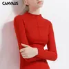 Nueva Camiseta de Manga Larga Sólida Elástica Ajustada de Cuello Alto Medio para Mujer, Top Versátil Base, Moda Primavera 2018