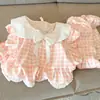 Pijama Feminino Gola Boneca Estilo Celebridade da Internet, Conjunto de Duas Peças com Shorts de Manga Curta, Renda, Xadrez, Estilo Princesa